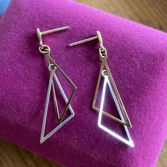 💛 9k Yellow & White Gold Geometric Triangle Dangle Earrings - Picture 1 of 7